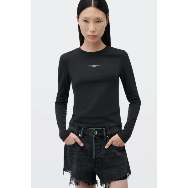 Alexander Wang Logo Print Fitted Long-Sleeve Tee in Black | T-shirts | Coveti