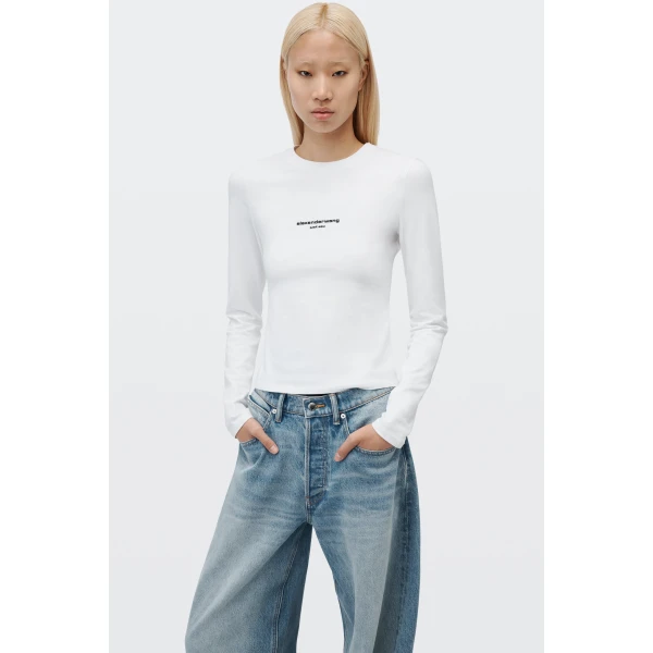 Alexander Wang Logo Print Fitted Long-Sleeve Tee in White | T-shirts | Coveti