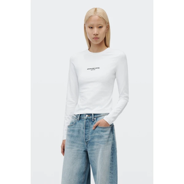 Alexander Wang Logo Print Fitted Long-Sleeve Tee in White | T-shirts | Coveti