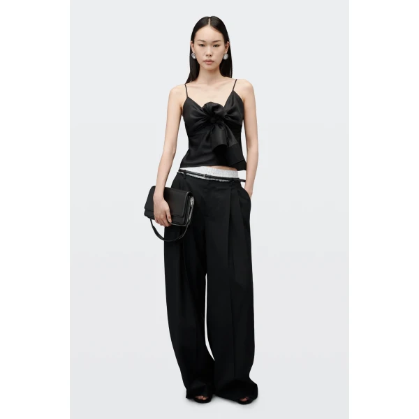 Alexander Wang Mid-Rise Layered Boxer Belted Tailored Pant in Black and White Pinstripe | Tailored pants | Coveti
