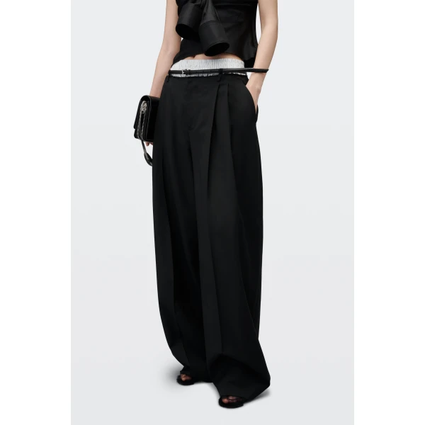 Alexander Wang Mid-Rise Layered Boxer Belted Tailored Pant in Black and White Pinstripe | Tailored pants | Coveti