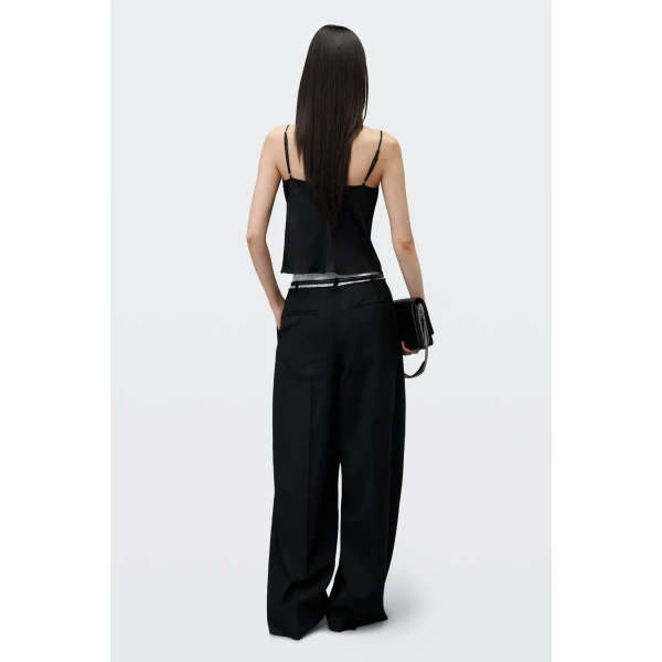 Alexander Wang Mid-Rise Layered Boxer Belted Tailored Pant in Black and White Pinstripe | Tailored pants | Coveti