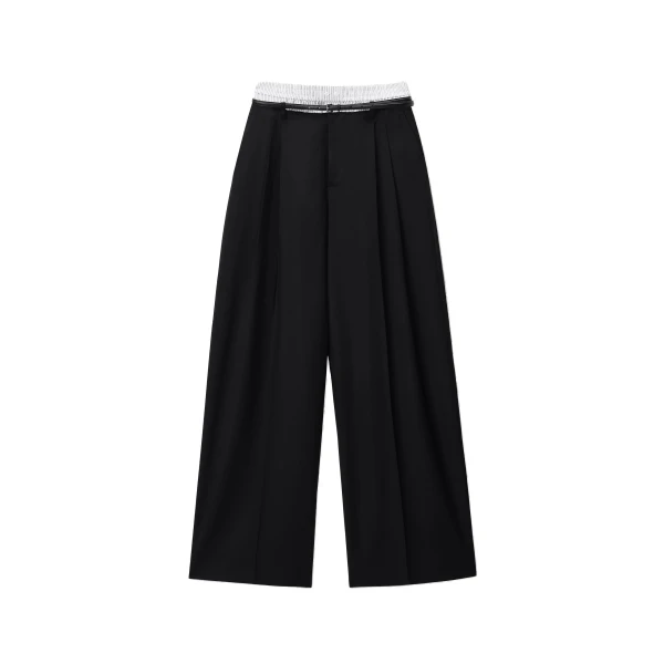 Mid-Rise Layered Boxer Belted Tailored Pant in Black and White Pinstripe