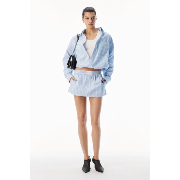 Alexander Wang Mid-Rise Mini Boxer Skort in Light Blue Stripe | Mini Skirts | Coveti
