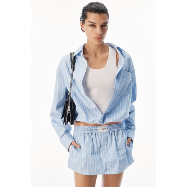 Alexander Wang Mid-Rise Mini Boxer Skort in Light Blue Stripe | Mini Skirts | Coveti
