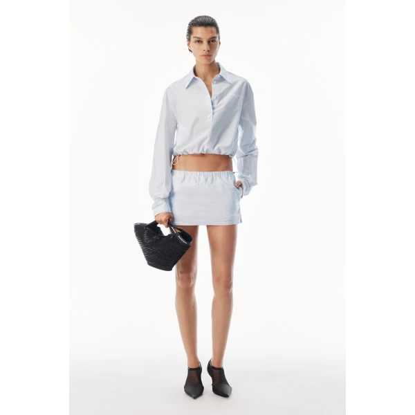 Alexander Wang Mid-Rise Mini Skort with Bungee Drawcord in White and Blue Stripe | Mini Skirts | Coveti