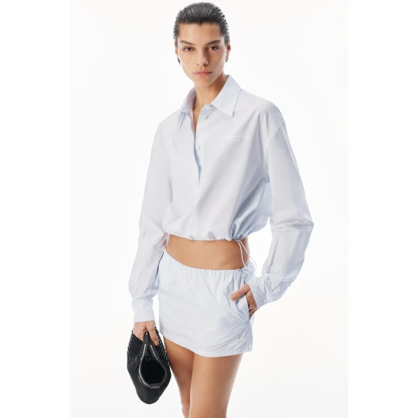 Alexander Wang Mid-Rise Mini Skort with Bungee Drawcord in White and Blue Stripe | Mini Skirts | Coveti