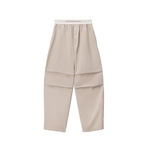 Mid-Rise Pleated Wide-Leg Pant with Logo Elastic Waist in Stone