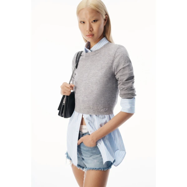 Alexander Wang Sheer Crewneck Sweater Button Up in Heather Grey | Sweaters | Coveti