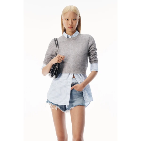 Alexander Wang Sheer Crewneck Sweater Button Up in Heather Grey | Sweaters | Coveti