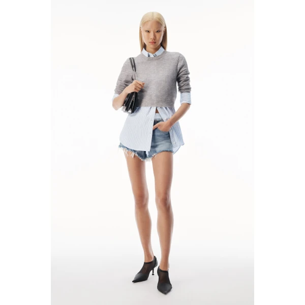 Alexander Wang Sheer Crewneck Sweater Button Up in Heather Grey | Sweaters | Coveti