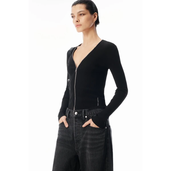 Alexander Wang V-Neck Pointelle Zip Cardigan in Black | Cardigan | Coveti