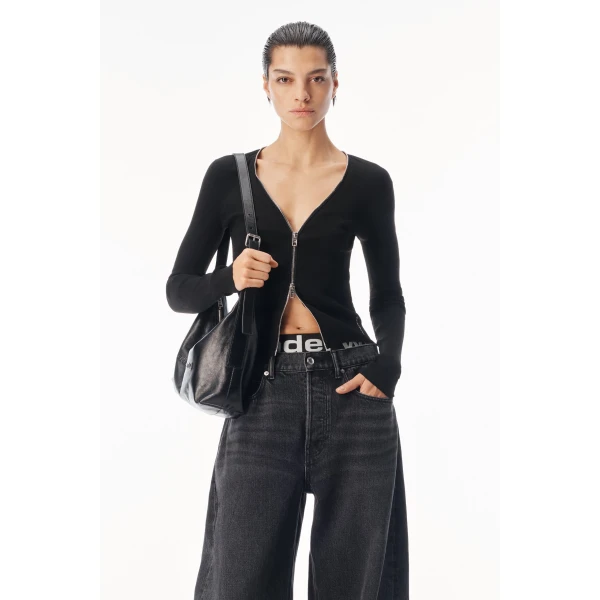 Alexander Wang V-Neck Pointelle Zip Cardigan in Black | Cardigan | Coveti