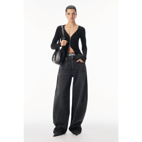 Alexander Wang V-Neck Pointelle Zip Cardigan in Black | Cardigan | Coveti
