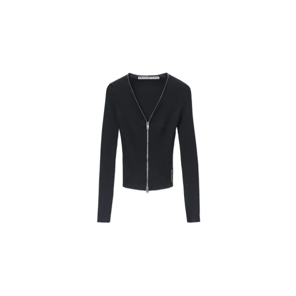 V-Neck Pointelle Zip Cardigan in Black