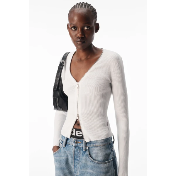 Alexander Wang V-Neck Pointelle Zip Cardigan in White | Cardigan | Coveti