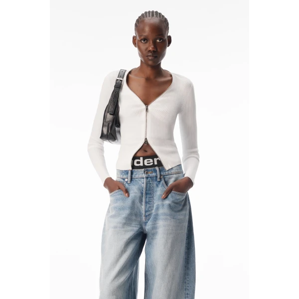 Alexander Wang V-Neck Pointelle Zip Cardigan in White | Cardigan | Coveti