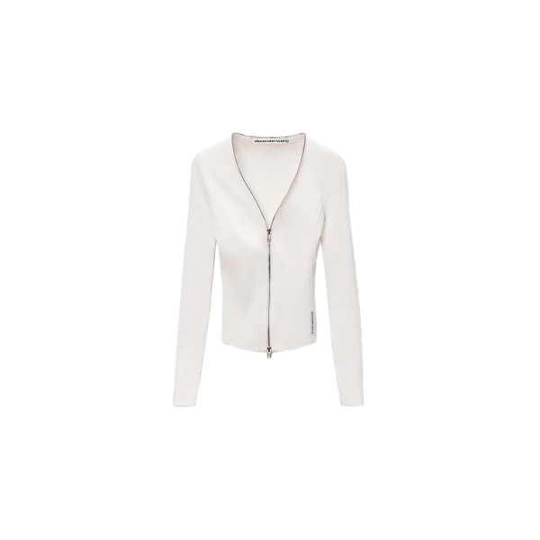 V-Neck Pointelle Zip Cardigan in White