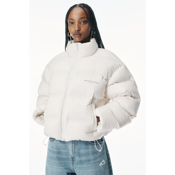 Alexander Wang White Logo Jacquard Puffer Jacket in Paper White | Jackets | Coveti