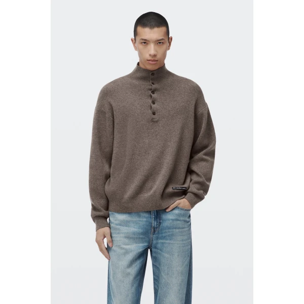 Alexander Wang Wool Turtleneck Henley in Dark Oatmeal Melange | Long Sleeve | Coveti