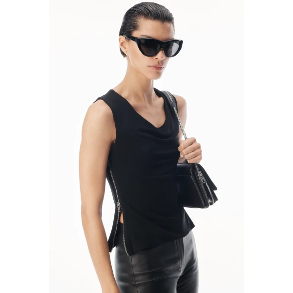 Alexander Wang Zipper Detail Cowl Neck Tank in Black | Sleeveless | Coveti
