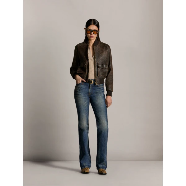 Amiri Crackled Leather Bomber in Husk, view 2 | Leather Jackets | Coveti