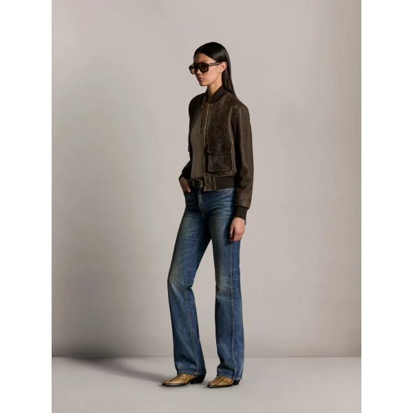 Amiri Crackled Leather Bomber in Husk, view 3 | Leather Jackets | Coveti