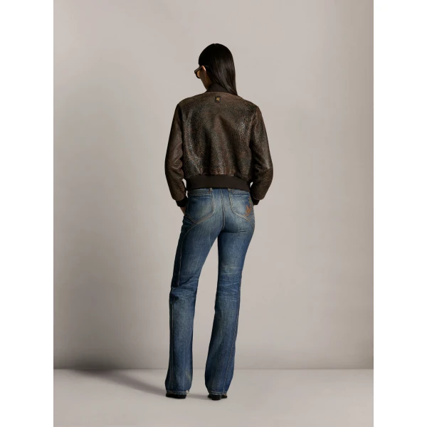 Amiri Crackled Leather Bomber in Husk, view 4 | Leather Jackets | Coveti
