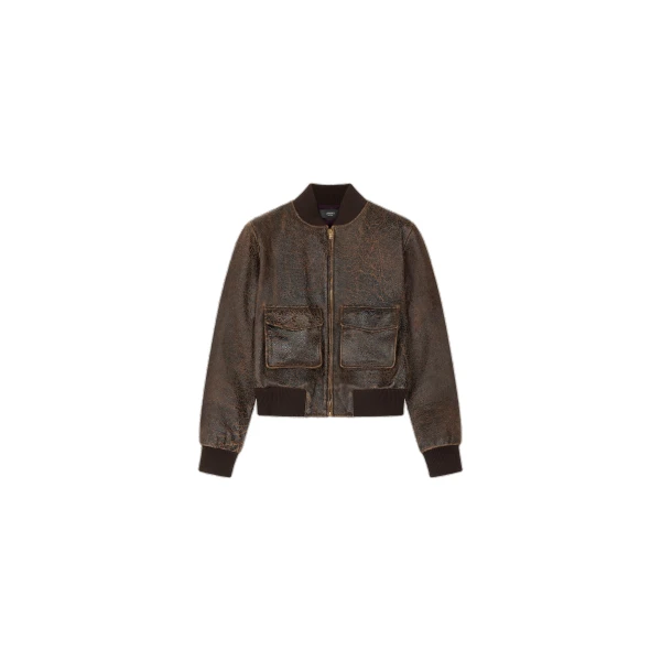 Crackled Leather Bomber in Husk