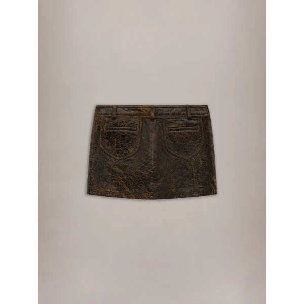 Amiri Crackled Leather Mini Skirt in Husk, view 2 | Leather Skirts | Coveti
