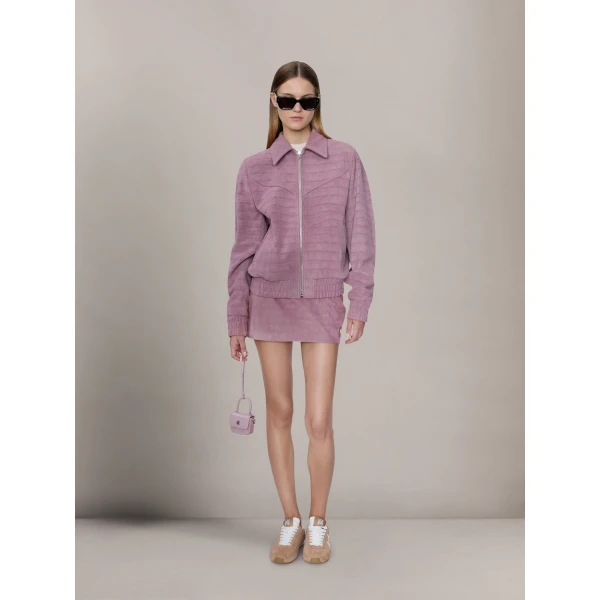 Amiri Croc Suede Mini Skirt in Dusk, view 2 | Mini Skirts | Coveti