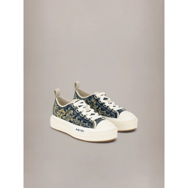 Amiri Denim Court Low Sneakers in Blue, view 2 | Sneakers | Coveti
