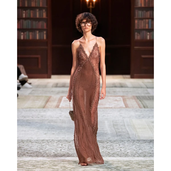 Amiri Lace Slip Gown in Coffee, view 2 | Evening Gowns | Coveti