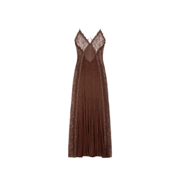 Amiri Lace Slip Gown in Coffee | Evening Gowns | Coveti