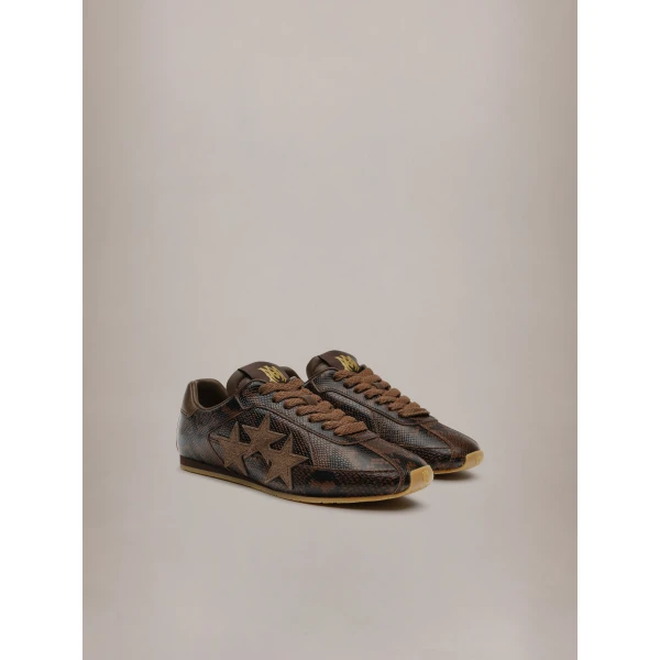 Amiri Python Embossed Pacific Flat Sneakers in Brown, view 2 | Sneakers | Coveti