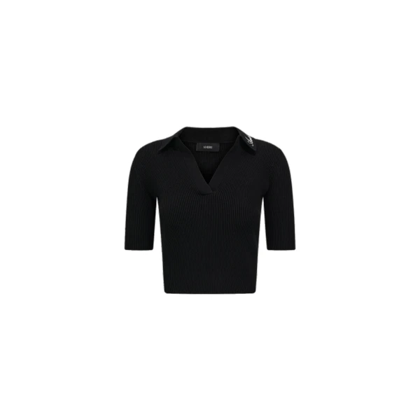 Script Rib Knit Short Sleeve Polo in Black