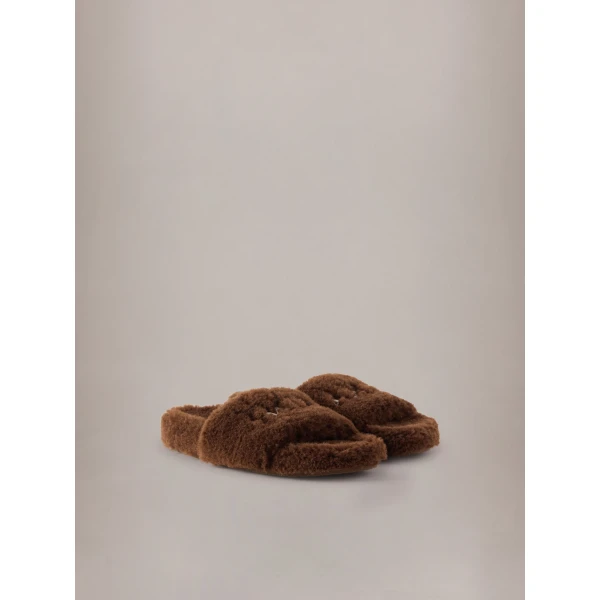 Amiri Shearling Slide in Dark Earth, view 2 | Flip Flops & Slides | Coveti