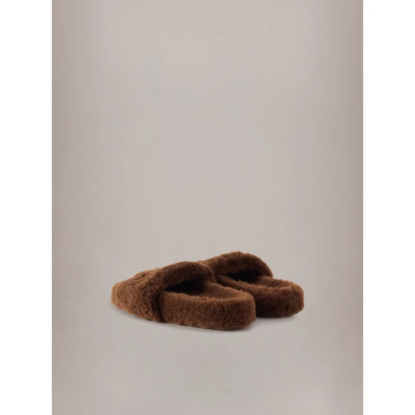 Amiri Shearling Slide in Dark Earth, view 3 | Flip Flops & Slides | Coveti