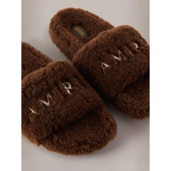 Amiri Shearling Slide in Dark Earth, view 5 | Flip Flops & Slides | Coveti