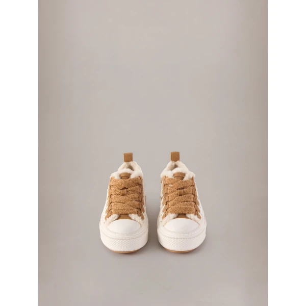 Amiri Shearling Stars Court Low Sneakers in Tan, view 3 | Sneakers | Coveti