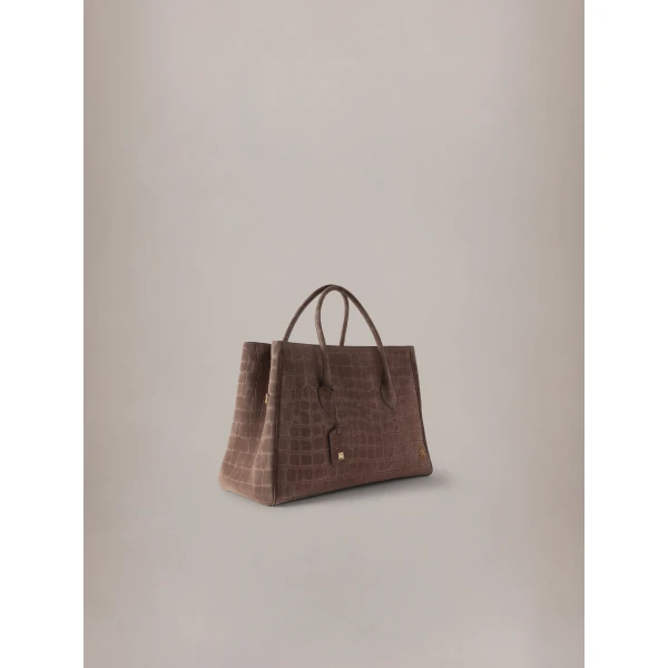 Amiri Suede Croc Honey 50 Tote in Dark Brown, view 3 | Totes & Top-Handle Bags | Coveti