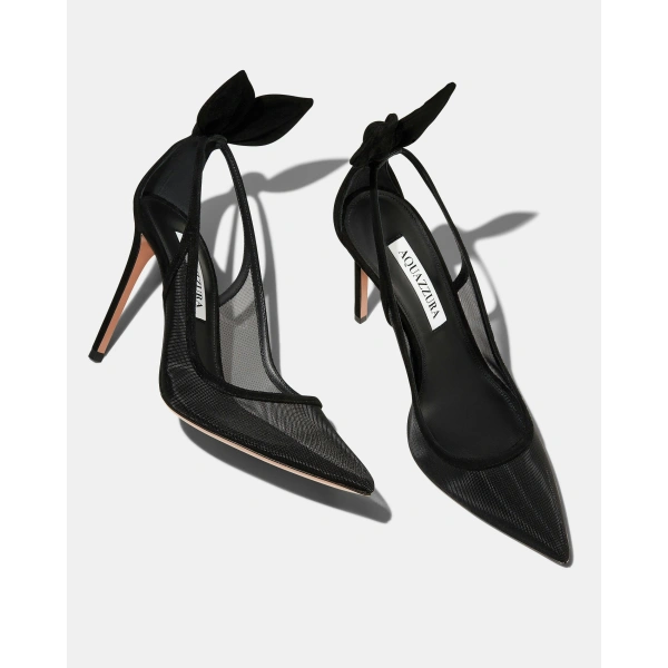 Aquazzura Bow Tie Mesh Pump 105 in Black, view 3 | Slingbacks