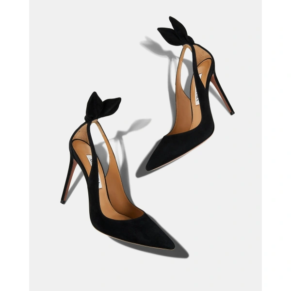 Aquazzura Bow Tie Pump 105 in Black Suede, view 3 | Pumps