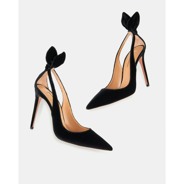 Aquazzura Bow Tie Pump 105 in Black Velvet, view 3 | Pumps