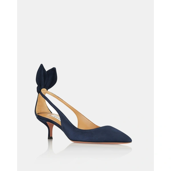 Aquazzura Bow Tie Pump 50 in Mezzanotte Navy, view 2 | Kitten Heels