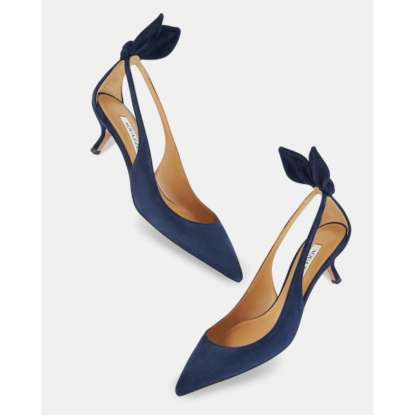 Aquazzura Bow Tie Pump 50 in Mezzanotte Navy, view 3 | Kitten Heels