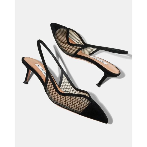 Aquazzura Gia Mesh Sling 50 in Black, view 3 | Kitten Heels