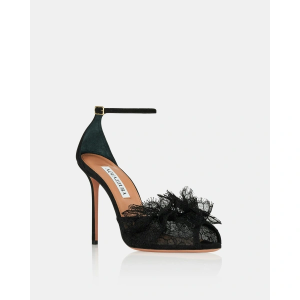 Aquazzura Lover Lace Sandal 105 in Black, view 2 | Sandals