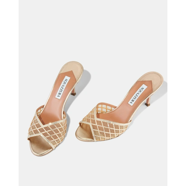 Aquazzura Lumiere Crystal Mesh Mule Sandal 75 in Light Copper, view 3 | Mules