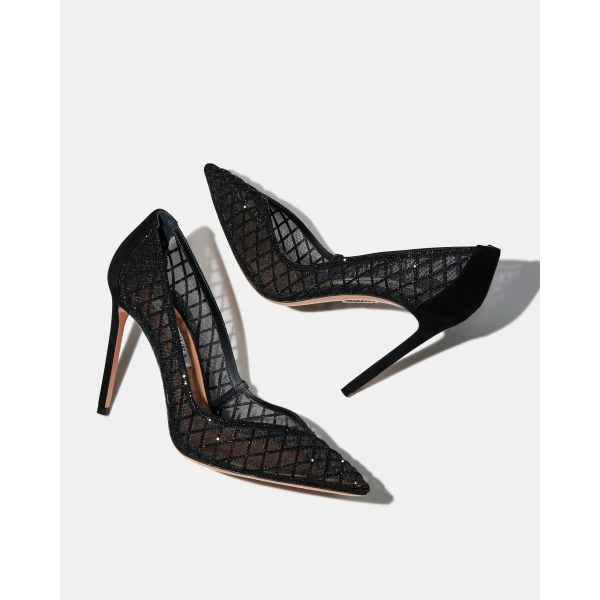 Aquazzura Lumiere Crystal Mesh Pump 105 in Black, view 3 | Pumps